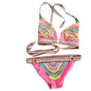 Victoria Secret Bikini Set Women's M Paisley Pink Metal Rings Hippie Boho Retro